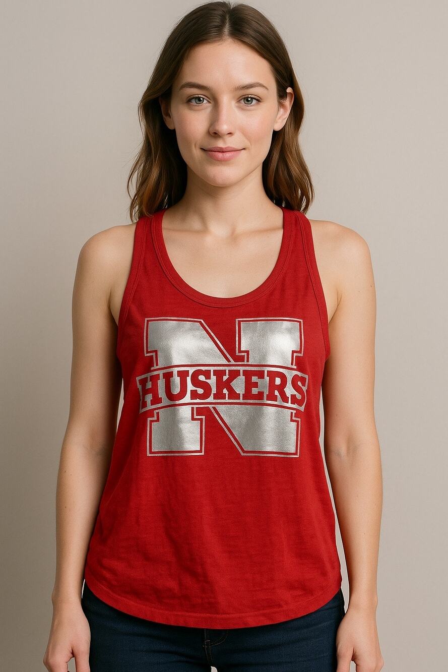 Nebraska Huskers Women’s Tank Top Large Red shiny Silver Logo Fan Shirt